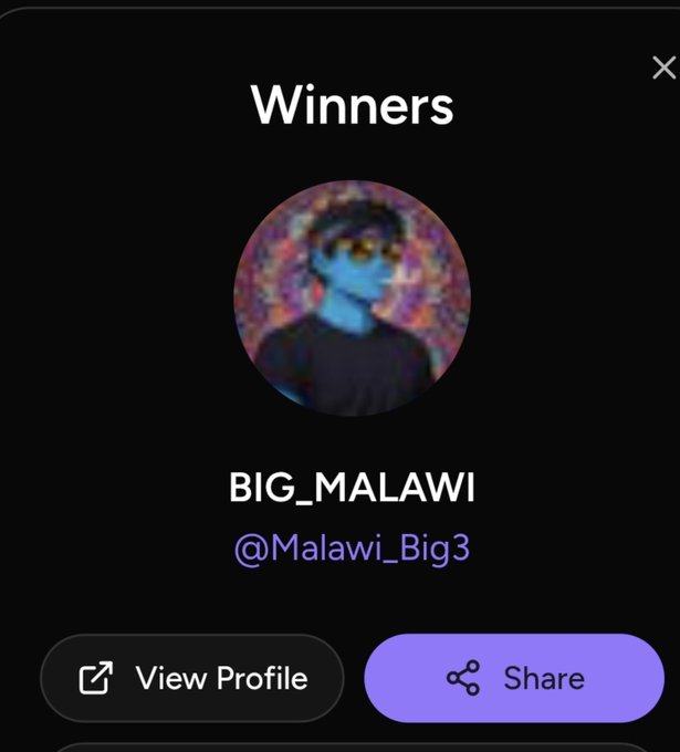 A social media 'Winners' notification screen displays a profile picture of a person wearing sunglasses, and the name 'BIG_MALAWI' with the handle '@Malawi_Big3' above 'View Profile' and 'Share' buttons.