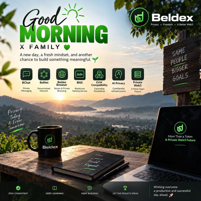 A promotional 'Good Morning x Family' graphic for Beldex cryptocurrency, featuring a mountain sunrise background with a Beldex-branded mug, notebook, and laptop.