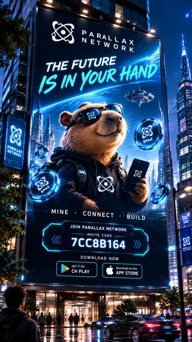 The image is a vibrant promotional poster for "PARALLAX NETWORK" displayed on a massive digital billboard in a futuristic cityscape at night, featuring an anthropomorphic capybara wearing sunglasses and a hoodie holding a smartphone, with the bold tagline "THE FUTURE IS IN YOUR HAND," the three action pillars "MINE · CONNECT · BUILD," floating $PAX tokens, and a prominent invite code "7CC8B164" alongside Google Play and App Store download buttons, perfectly aligning with the post's description of Parallax Network as a Web3 project enabling users to participate, connect, and earn $PAX directly from their smartphones.