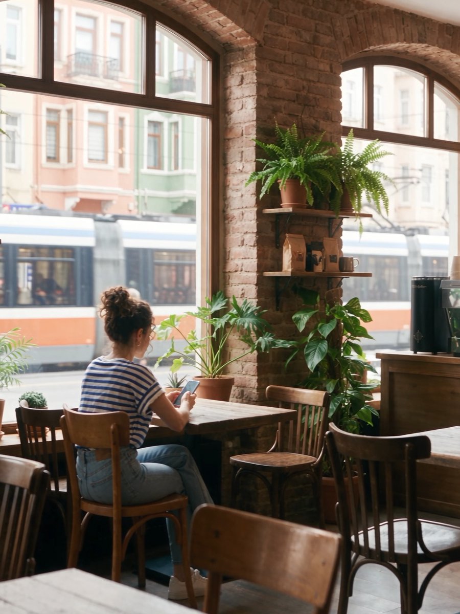 A woman sits at a wooden table by a large arched window in a cozy café with exposed brick walls, lush potted ferns, and shelves displaying coffee bags, while she focuses on her smartphone. The image relates to the post by illustrating a relaxed, everyday setting where someone could easily use the Bloki crypto AI assistant on their phone to quickly manage trades, check their portfolio, or get market updates with simple voice or text commands.