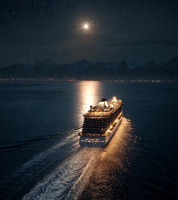 A large illuminated cruise ship sailing on calm dark waters under a starry night sky with a bright full moon, with snow-capped mountains and distant city lights visible in the background.