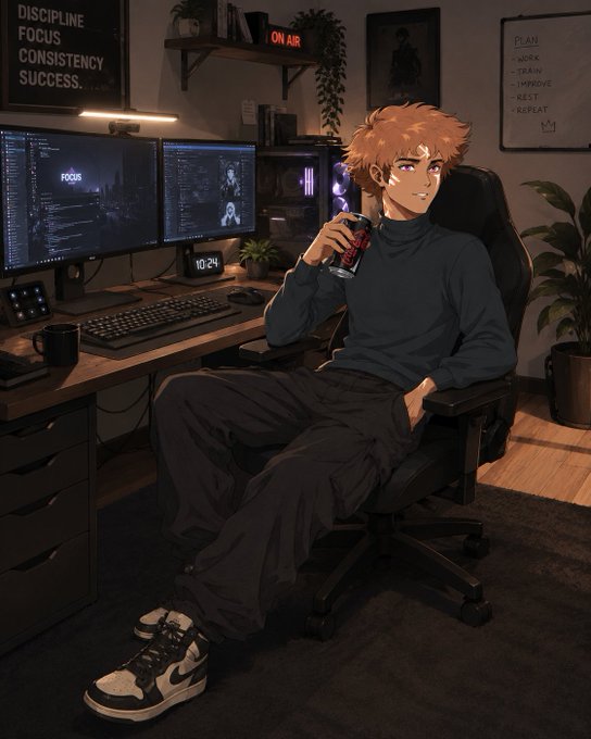 An anime-style illustration of a young man with orange hair sitting in a gaming chair at a computer setup, drinking from an energy can. Signs on the wall read 'DISCIPLINE FOCUS CONSISTENCY SUCCESS.' and 'PLAN: WORK, TRAIN, IMPROVE, REST, REPEAT.'