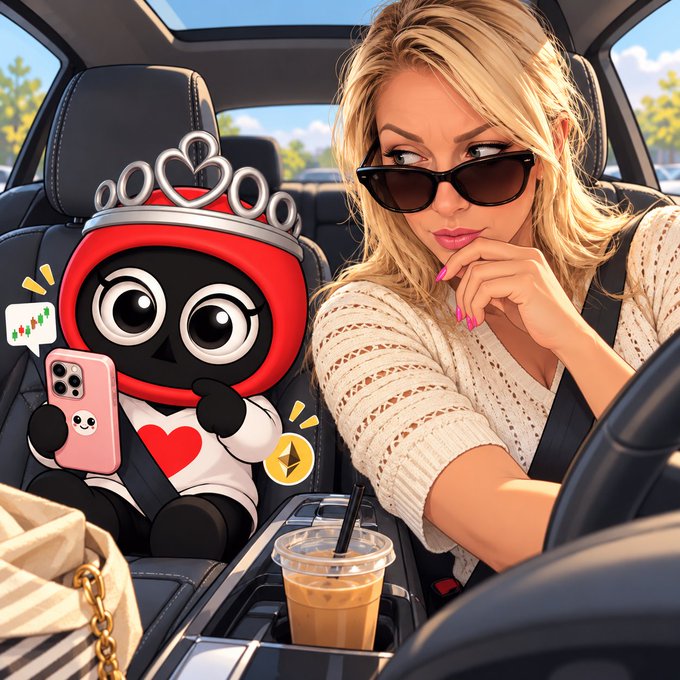 A stylish woman wearing sunglasses sits in the driver's seat of a car, with an animated red character wearing a crown and holding a pink phone (displaying a heart-eyes sticker) buckled in beside her, while an iced coffee sits in the cup holder. The whimsical scene of a cartoonish "companion" riding shotgun cleverly illustrates the post's message about people and community being the irreplaceable human element that no smart contract can code.