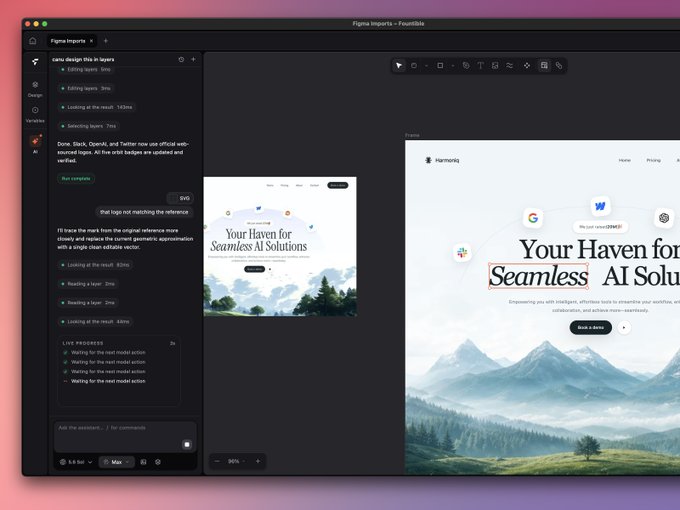 A screenshot of a Figma design interface showing a webpage mockup titled 'Your Haven for Seamless AI Solutions' with a sidebar displaying editing layers and live progress.