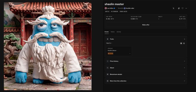An NFT marketplace page displaying a 'Shaolin Master' collectible (token ID #4004) priced at 0.369 ETH, showing a stylized figurine of a blue-skinned martial artist with white robes and beard.