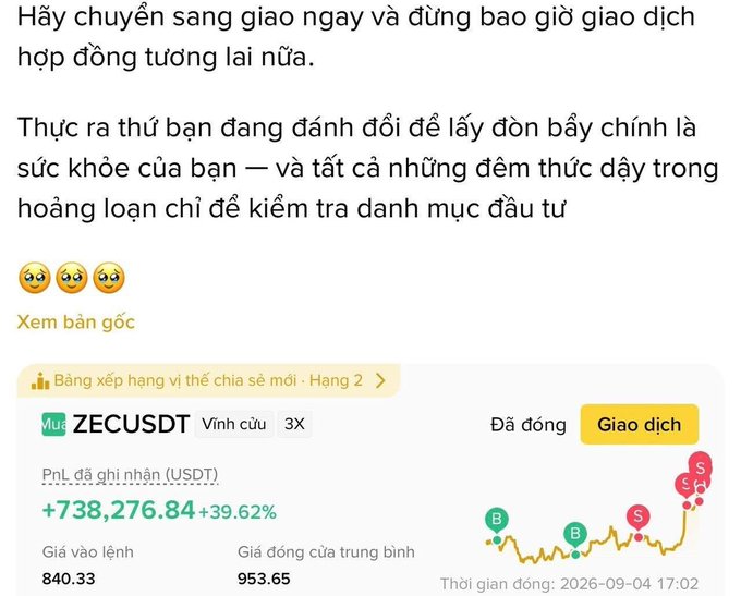 A Vietnamese-language trading screenshot showing advice to swap immediately, with a chart for the ZECUSDT pair showing a 39.62% gain (+738,276.84) and trading data from 2026-09-04.