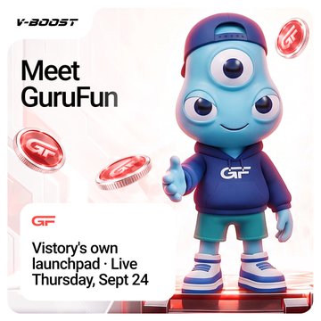 The image features a 3D cartoon mascot character named "GuruFun" (abbreviated "GF" on its hoodie) wearing a blue cap and giving a thumbs-up, alongside coins branded with the "GF" logo. Promotional text reads "V-BOOST" at the top, "Meet GuruFun" on the left, and "Vistory's own launchpad · Live Thursday, Sept 24" at the bottom, advertising the launchpad event mentioned in the post.