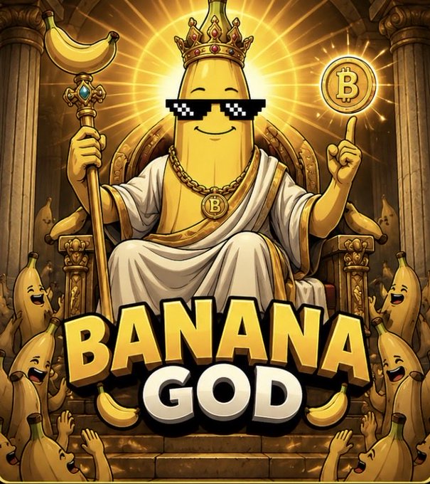 An AI-generated cartoon illustration titled 'BANANA GOD' featuring a crowned banana wearing pixelated sunglasses and gold chains, holding a scepter and a Bitcoin coin.