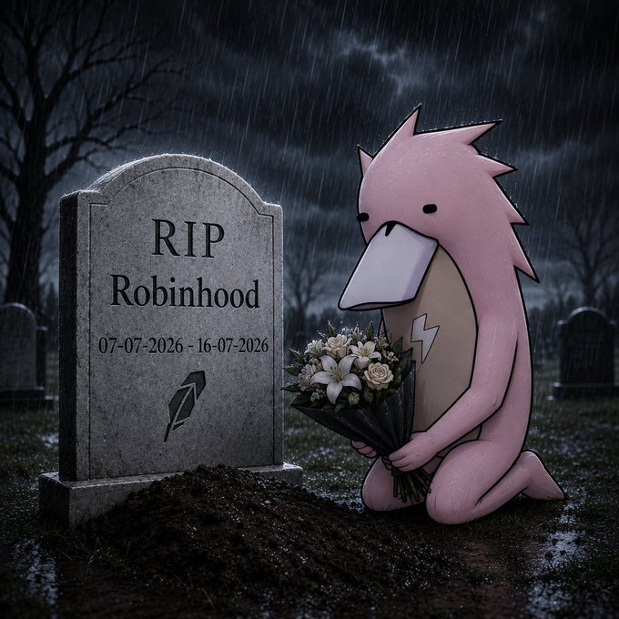 A meme-style digital image showing a sad pink platypus character holding flowers at a gravestone reading 'RIP Robinhood 07-07-2026 - 16-07-2026' in a rainy cemetery.