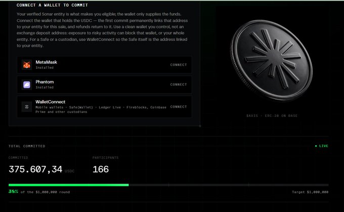 A website interface shows a 'CONNECT A WALLET TO COMMIT' section with options for MetaMask, Phantom, and WalletConnect, displaying a total committed amount of 375,607.34 USDC.