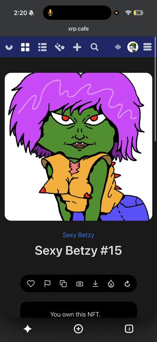 A mobile browser displays an NFT called 'Sexy Betzy #15' on xrp.cafe, showing a cartoon character with purple hair and green skin, with a label indicating 'You own this NFT.'