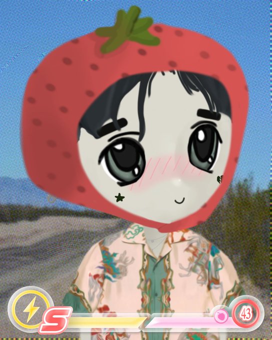 A chibi-style character with a strawberry-shaped head, large eyes, and a patterned shirt appears against a desert backdrop in what looks like a video game interface.