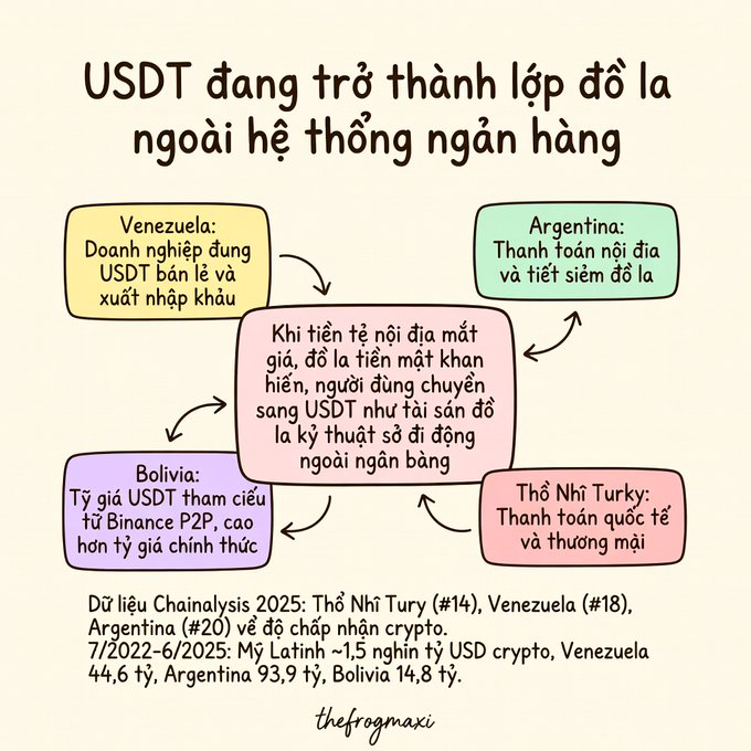 An infographic in Vietnamese titled 'USDT đang tr� thành lớp đô la ngoài hệ thống ngân hàng' explains how USDT is becoming a dollar layer outside the banking system, highlighting Venezuela, Argentina, Bolivia, and Turkey as countries using USDT for retail payments, remittances, and international trade, citing Chainalysis 2025 data.