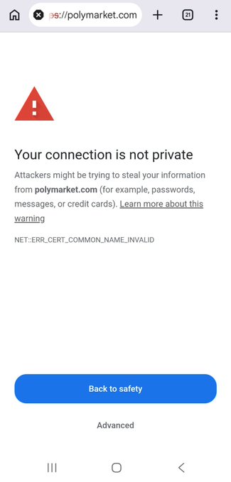 A mobile browser security warning page for polymarket.com stating 'Your connection is not private' with the error 'NET::ERR_CERT_COMMON_NAME_INVALID'.