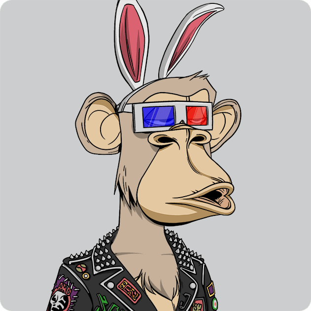 A cartoon illustration of an ape/monkey character wearing red and blue 3D glasses and bunny ears, dressed in a studded black punk jacket with various patches.
