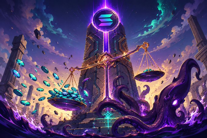 A vibrant digital artwork depicts a fantasy scene with a glowing Solana logo at the top of an ancient tower, surrounded by cosmic imagery and treasure-filled scales.