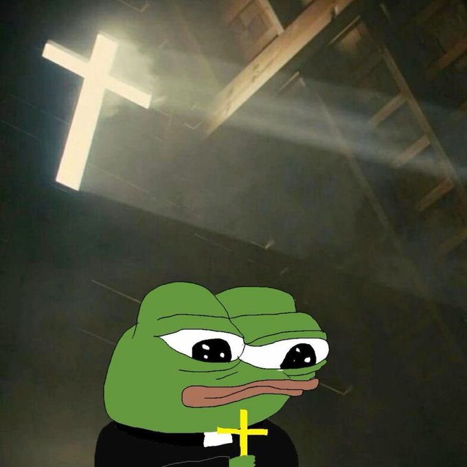 A 'Sad Pepe' frog meme wearing a black shirt and white collar, holding a small gold cross, with dramatic light rays shining down on a larger cross in the background like a church interior.