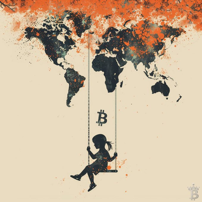An artistic illustration depicts a silhouetted girl sitting on a swing beneath a splattered, painted world map with a Bitcoin symbol hanging above her.