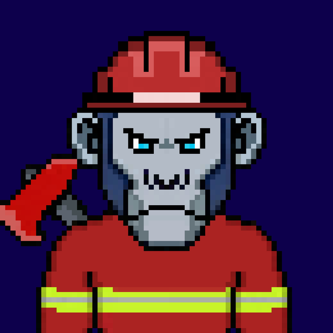 A pixel art NFT depicting a metallic gray ape character dressed in red firefighter gear, including a helmet and jacket with yellow reflective stripes, holding a red axe against a dark blue background. The stylized illustration ties into the post's promotion of a new pixel art NFT drop, presented as part of a digital collectible series.