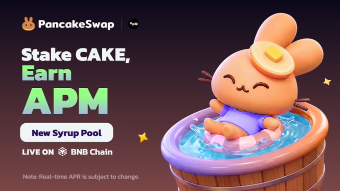A PancakeSwap promotional graphic featuring a cute orange bunny character relaxing in a wooden tub of water, advertising their new partnership where users can stake CAKE to earn APM tokens. The image displays text reading "Stake CAKE, Earn APM," "New Syrup Pool," and "LIVE ON BNB Chain," alongside the PancakeSwap logo and APM coin branding.