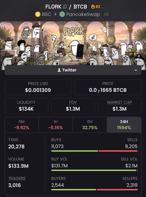 A cryptocurrency dashboard showing stats for FLORK/BTCB token on PancakeSwap, displaying a price of $0.001309, market cap of $1.3M, and a 24H increase of 1594%.