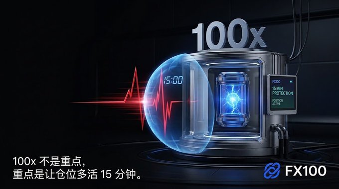 The image shows a futuristic 3D render of the "FX100" perpetual contract vault device, prominently labeled with "100x" and "15 MIN PROTECTION" on its digital displays, alongside a red heartbeat/ECG waveform graphic emphasizing a 15-minute liquidation buffer. The Chinese text at the bottom translates to "100x isn't the key point—the key point is letting positions stay alive 15 minutes longer," reinforcing the post's message that beyond the headline 100x leverage, the real innovation of @protocol_fx's FX100 Perp is its extended 15-minute protection window for traders.