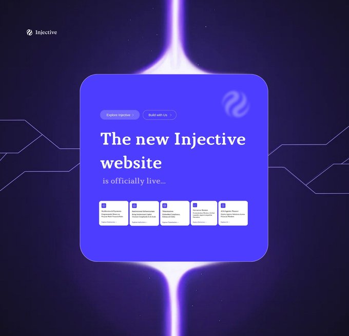 Promotional graphic for Injective announcing the launch of the new Injective website, featuring a blue card on a dark background with buttons labeled 'Explore injective' and 'Build with Us'.