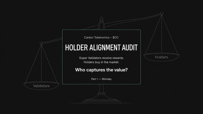 The image shows two scales or balances placed side by side against a black background. The text above them reads "holder alignment auditor" and "Who captures the value?". Below the balances are descriptions of holders who receive rewards, and they are labeled as "Super Validators".