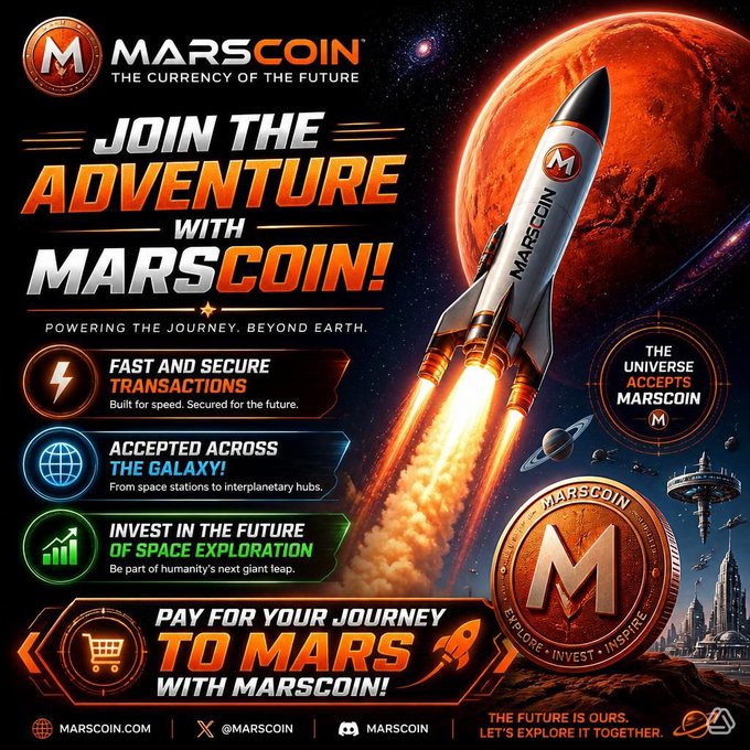 A vibrant advertisement for 'MARSCOIN' promotes the cryptocurrency as 'THE CURRENCY OF THE FUTURE,' featuring a rocket launching toward Mars and listing benefits like 'FAST AND SECURE TRANSACTIONS' and 'ACCEPTED ACROSS THE GALAXY!'