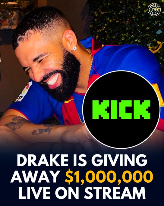 Drake laughs while wearing a Barcelona jersey, with a Kick logo overlaid and the caption "DRAKE IS GIVING AWAY $1,000,000 LIVE ON STREAM," promoting his $1 million giveaway celebration on Kick for Stake's 9th birthday.