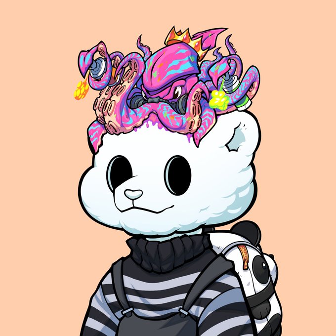 The image features a cartoon bear wearing a black and white striped shirt, with a backpack slung over its shoulder. The bear has an octopus headpiece on its head, giving it a unique and whimsical appearance. The background of the image is orange, which contrasts nicely with the bear's outfit and adds to the overall visual appeal of the scene.