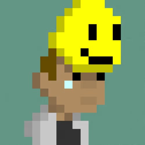A pixel art character wearing a yellow smiley face mask and a white lab coat over a black shirt.