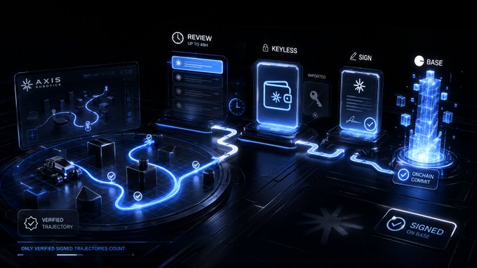 A futuristic blue-themed graphic showing a workflow with stages labeled "AXIS","REVIEW", "KEYLESS", "SIGN", and "BASE", featuring digital interfaces, a verified trajectory, and "SIGNED ON BASE."
