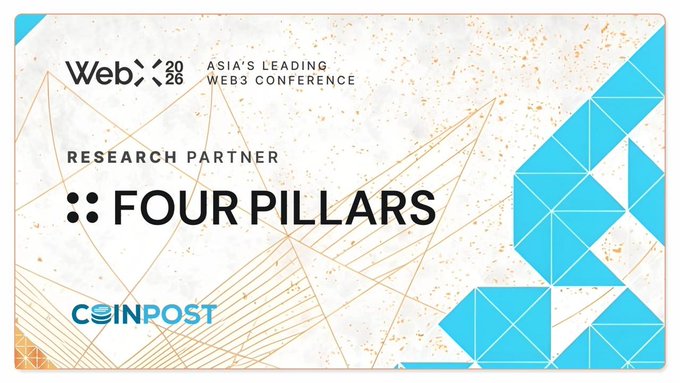 A promotional banner for WebX 2026 (Asia's Leading Web3 Conference) featuring Four Pillars as Research Partner and CoinPost branding.