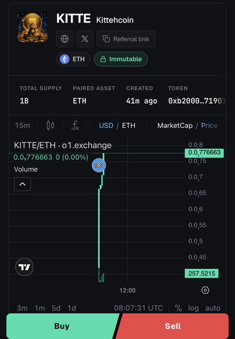 A cryptocurrency trading interface displays the "KITTE Kittehcoin" token with a total supply of "1B", paired with ETH on the Immutable network, showing a price chart that has spiked vertically.