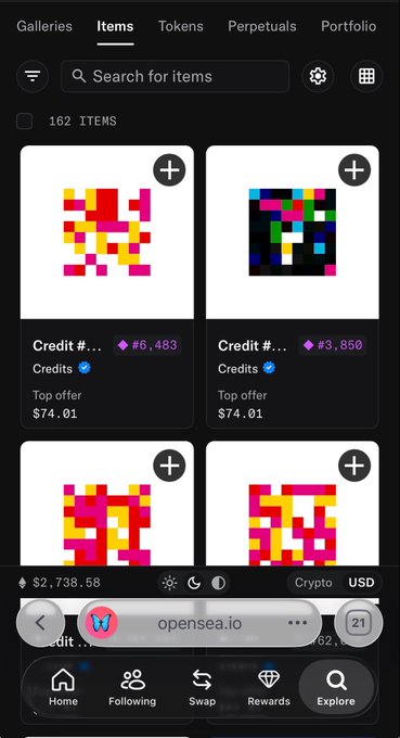 A mobile screenshot of an NFT marketplace (opensea.io) displaying pixel art items titled "Credit" by Jack Butcher, with prices around $2,738.58 and top offers of $74.01. The image illustrates the NFTs referenced in the post celebrating over $1k earned from trading these collectibles.
