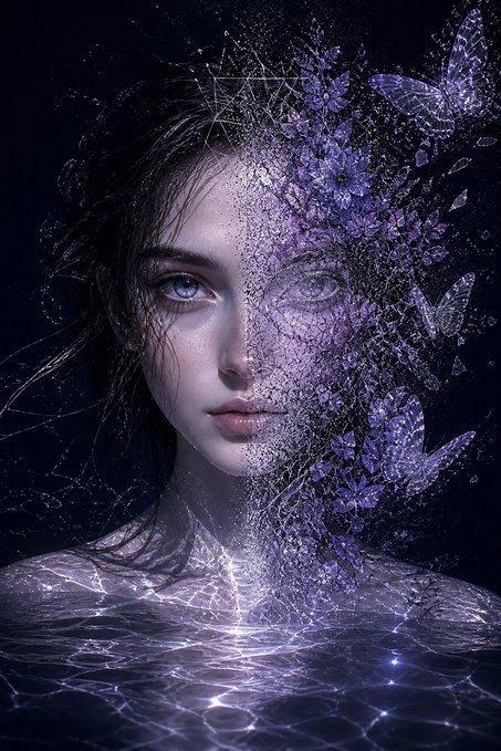 A surreal digital artwork depicting a woman's face partially dissolving into purple butterflies and geometric shards on one side, set against a dark background with glowing light effects.