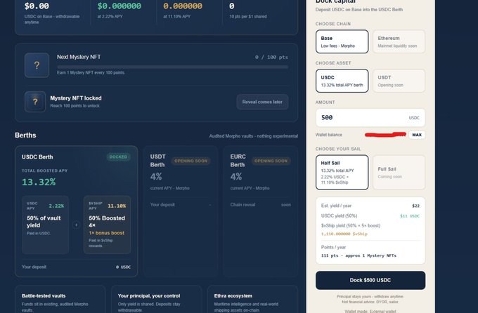 The image shows a DeFi dashboard from [EthraShip](https://x.com/EthraShip) Harbor displaying a "Dock USDC on Base" interface with options to deposit 500 USDC at 13.32% total APY, including a 50% boosted yield breakdown (2.22% USDC APY + 11.10% vShip boost). The calculator confirms the post's claim, showing an estimated yield of ~$22, a split of $11 USDC and ~1,116 vShip, and **111 points/year ≈ 1 Mystery NFT**, visually validating every number mentioned in the tweet.
