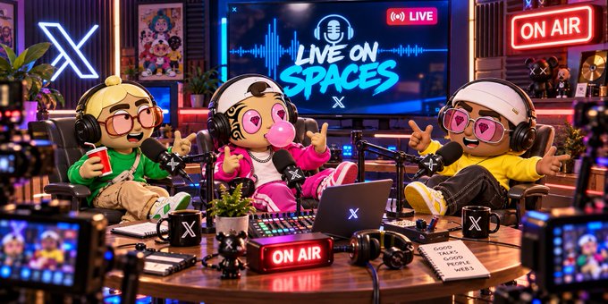 A vibrant, stylized 'ON AIR' studio scene for a 'LIVE ON SPACES' podcast on X, featuring cartoonish characters with headphones and heart-shaped glasses around a table with microphones and cameras.