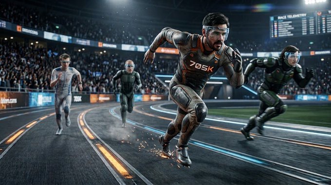 A futuristic, AI-generated scene of athletes in high-tech suits and visors sprinting on a glowing indoor racing track, with one wearing '705K' on his chest.