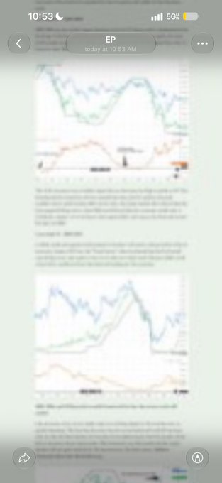A blurry iPhone screenshot showing a social media feed at 10:53 AM with an EP message, displaying chart images and text.