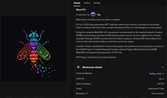 NFT marketplace page for the 'FLY.' collection, showing a pixel art bee, description text mentioning MaleCNS v1.0 and Janelia Research Campus, and blockchain details on Robinhood Chain.