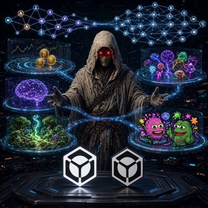 A hooded, red-eyed figure stands at the center of a futuristic network of glowing holographic platforms, each labeled for a different crypto category—cryptocurrency charts and Bitcoin icons, NFTs, AI networks, nature/ecology, and colorful memecoins—while two hexagonal token logos sit at the base. The image visually mirrors the post's theme of a multi-tiered ranking system, where DeFi, NFTs, AI, gaming, and memecoins each occupy their own "table" rather than being merged into a single leaderboard, with the user's off-chain and on-chain ranks represented as separate nodes in the web above.