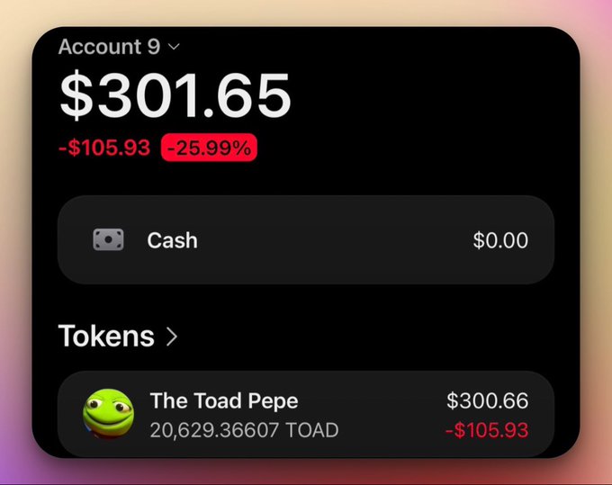 A crypto portfolio dashboard displays "Account 9" with a balance of $301.65, showing a loss of -$105.93 (-25.99%), consisting entirely of 20,629.36607 TOAD tokens in "The Toad Pepe" valued at $300.66. The image illustrates the post's mention of having around $300 invested in supporting the Toad Pepe brand/token, which the poster is using as context for promising $20 giveaways to four people within 24 hours.