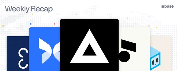 A 'Weekly Recap' header from 'base' displaying various cryptocurrency logos including a black triangular logo prominently in the center.
