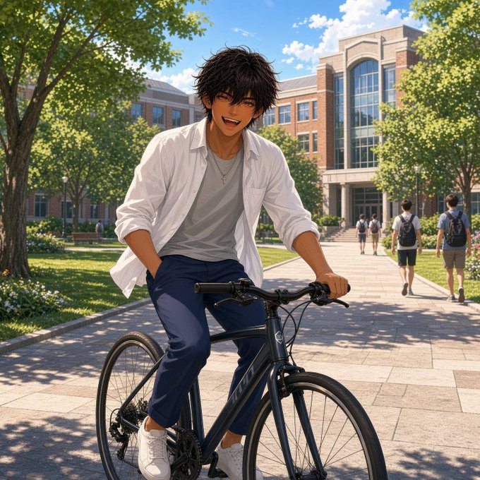 An anime-style illustration of a smiling young man with dark hair riding a black bicycle on a college campus path.
