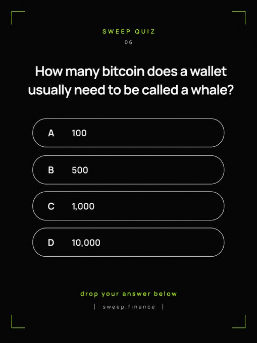 A dark-themed "SWEEP QUIZ 06" from sweep.finance asks how many bitcoin a wallet typically needs to be considered a whale, offering four choices: A) 100, B) 500, C) 1,000, and D) 10,000, prompting readers to "drop your answer below."