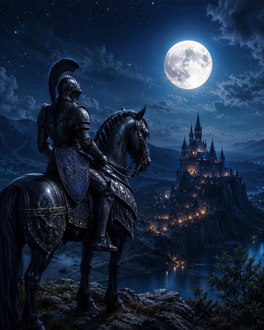 A knight in dark armor sits atop a black horse on a rocky outcrop, gazing at a distant illuminated castle under a full moonlit night sky.