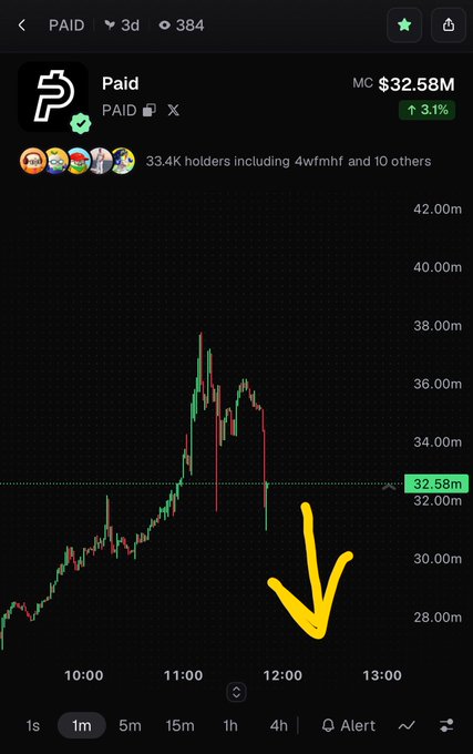 A cryptocurrency tracking app screenshot displays a price chart for the token 'Paid', showing a market cap of $32.58M with a 3.1% increase, and a yellow arrow pointing downward drawn on the graph.