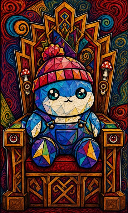 A vibrant, stained-glass-style illustration depicts a geometric blue cat-like character wearing a colorful winter hat and overalls, sitting on an ornate wooden throne with mushrooms in the background.